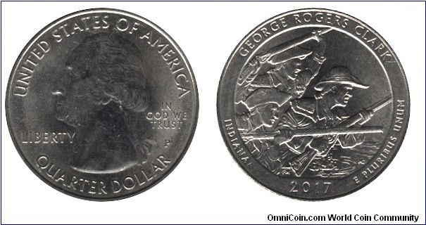 USA, 1/4 dollar, 2017, Cu-Ni, 24.26mm, 5.67g, MM: P, G. Washington, George Rogers Clark National Historical Park, Indiana.