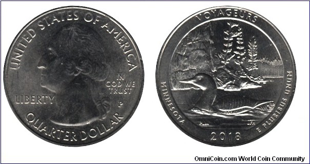 USA 1/4 dollar, 2018, Cu-Ni, 24.26mm, 5.67g, MM: P, G. Washington, Voyageurs, Minnesota.