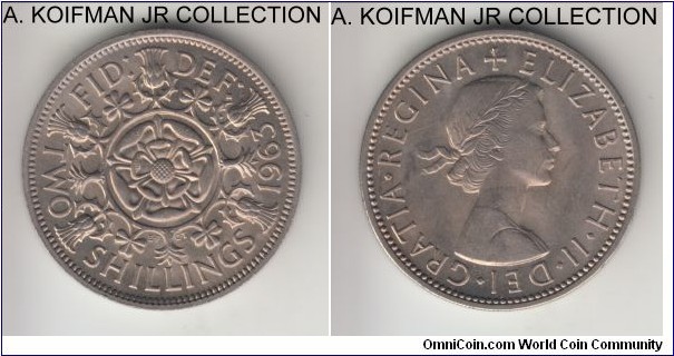 KM-905, 1963 Great Britain florin (2 shillings); copper nickel, reeded edge; Elizabeth II issue, good uncirculated.