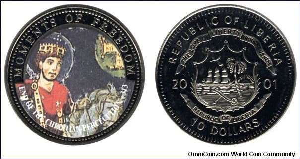 Liberia, 10 dollars, 2001, Cu-Ni, 28.5g, 38.61mm, Moments of Freedom, End of Christian Persecution - 313, Constantine I.