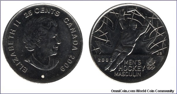 Canada, 25 cents, 2009, Ni-Steel, 4.43g, 23.9mm, Queen Elizabeth II, Men's Hockey Masculin, 2002 Olympics.