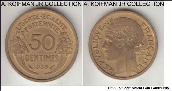 KM-894, 1939 France 50 centimes; aluminum-bronze, plain edge; Morlon circulation type, decent good extra fine or better.