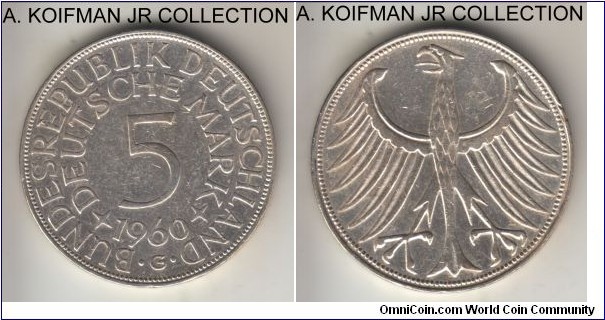 KM-112.1, 1960 Germany (Federal Republic) 5 mark, Karlsruhe mint (G mint mark); silver, lettered edge; small mintage year, about extra fine details.