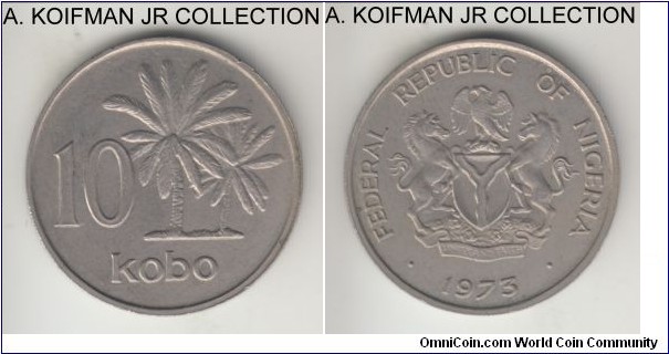 KM-10.1, 1973 Nigeria 10 kobo; copper-nickel, security reeded edge; 3-year type and common, average uncirculated.