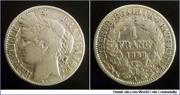 France 1 franc. 1888 A  - Paris, Ag 835. Weight; 5g. Diameter; 23mm.