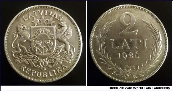 Latvia 2 lati. 1926, Ag 835. Weight; 10g. Diameter; 27mm. Mintage: 1.114.000 pcs.