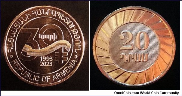 Armenia 20 dram. 2023, 30th Anniversary - National Currency. 