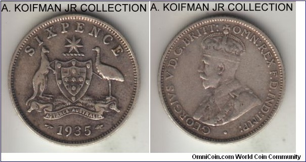KM-25, 1935 Australia 6 pence, Melbourne mint (no mint mark); silver, reeded edge; late George V, key year with smallest mintage, good fine or so.