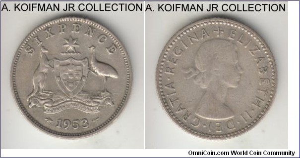 KM-52, 1953 Australia 6 pence, Melbourne mint (no mint mark); silver, reeded edge; Elizabeth II, decent circulated very fine or so.