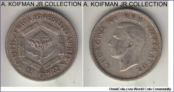 KM-27, 1945 South Africa (Diminion) 6 pence; silver, reeded edge; George VI, smaller mintage later in the type, average circulated fine or about.