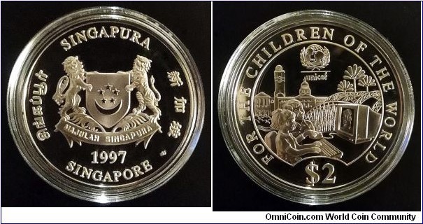 Singapore 2 dollars. 1997, UNICEF. Ag 925. Weight; 20g. Diameter; 38,7mm. Proof. Edition limit data from certificate was 25,000 but only 3,002 pcs. were actually minted.
