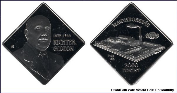 Hungary, 2000 forint, 2022, Cu-Ni, 14g, 28.43mm, Gedeon Richter, famous Hungarian pharmacist, 1872-1944.