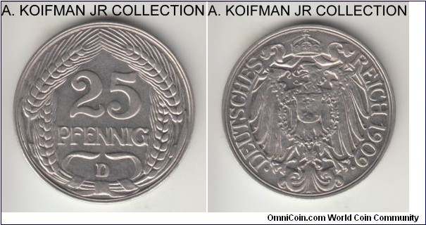 KM-18, 1909 Germany (Empire) 25 pfennig, Munich mint (D mint mark); nickel, plain edge; Wilhelm II, average uncirculated or almost.