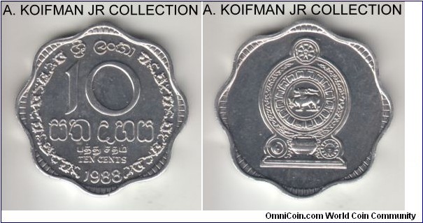 KM-140a, 1988 Sri lanka (former Ceylon) 10 cents; aluminum, scalloped flan, plain edge; Republic, bright uncirculated.