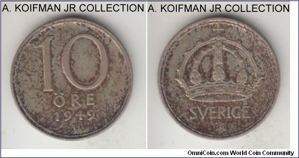 KM-813, 1949 Sweden 10 ore; silver, plain edge; Gustaf V, uneven toned very fine or so.