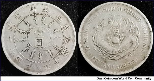 China Chihli Province (Beiyang) 1898 1 yuan. Cleaned. Getting hard to find in reasonable condition. Weight: 26.59g