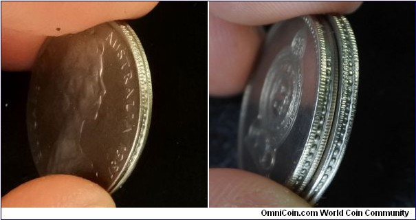 Australia 1981 10 cents struck on Sri Lanka 50 cents planchet.  