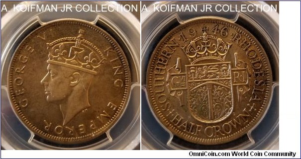 KM-15a, 1946 Southern Rhodesia 1/2 crown; silver, reeded edge; George VI, toned uncirculated PCGS graded MS 62.