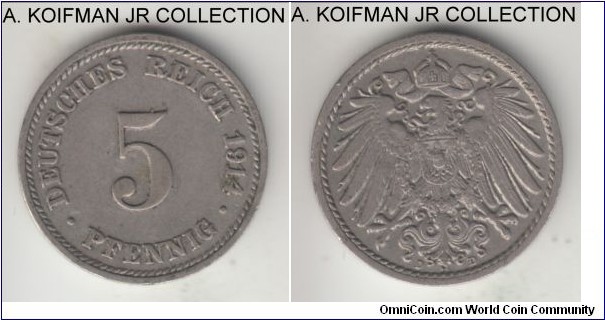 KM-11, 1914 Germany (Empire) 5 pfennig, Munich mint (D mint mark); copper-nickel, plain edge; Wilhelm II, decent extra fine.