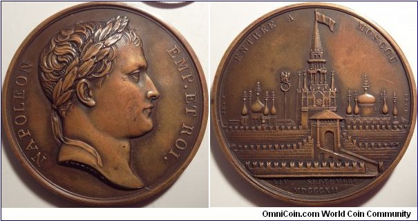 AE Commemorative Medal France, Napoleon Entry into Moscow Bronze Medal, 1812. Paris Mint. 
Bramsen-1164. Obverse: Laureate head right; Reverse: Facade of the Kremlin, with Napoleonic standard above the walls.