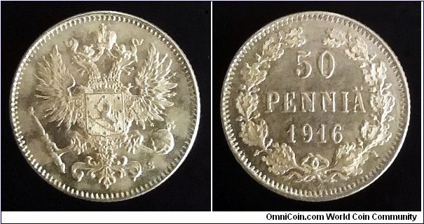 Finland (Grand Duchy) 50 pennia. 1916 S, Ag 750.