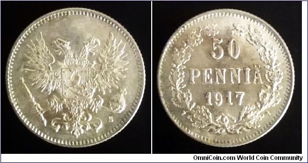 Finland 50 pennia. 1917 S, Civil war coinage. Ag 750. 