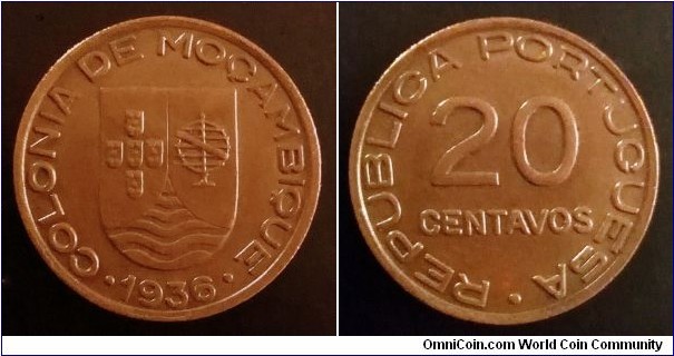 Mozambique 20 centavos. 1936, Portugal administration.  Copper. Weight; 5g. Diameter; 25mm. Mintage: 2.500.000 pcs.