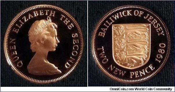 Jersey 2 new pence from Royal Mint 1980 proof set. Mintage: 7.800 pcs.
