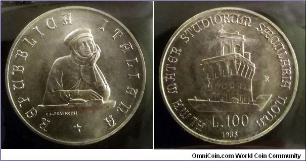 Italy 100 lire. 1988, 900th Anniversary of the University of Bologna. Ag 835. Weight; 8g. Diameter; 27,8mm. Mintage: 68.042 pcs.