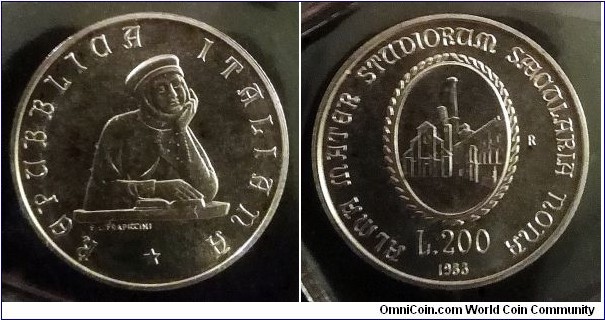 Italy 200 lire. 1988, 900th Anniversary of the University of Bologna. Ag 835. Weight; 5g. Diameter; 24mm. Mintage: 68.042 pcs.