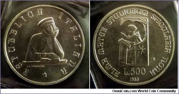 Italy 500 lire. 1988, 900th Anniversary of the University of Bologna. Ag 835. Weight; 11g. Diameter; 29,3mm. Mintage: 68.042 pcs.