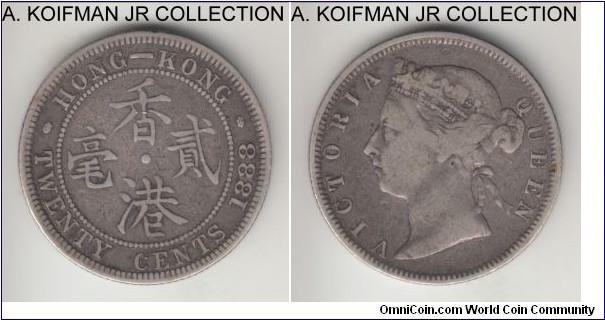 KM-7, 1888 Hong Kong 20 cents; silver, reeded edge; Victoria, relatively common, fine plus condition.