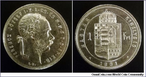 Hungary (Austro-Hungarian Monarchy) 1 forint. 1881, Ag 900. Weight; 12,34g. Diameter; 29mm. 