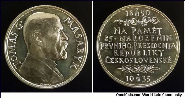 Czechoslovakia - Medal for the 85th birthday of Tomas G. Masaryk. Ag 987. Weight; 30g. Diameter; 42mm.
