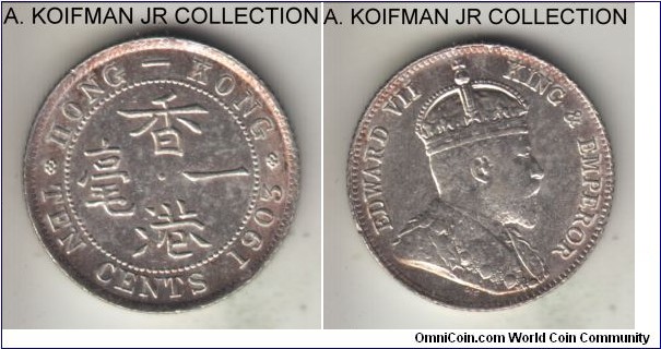 KM-13, 1903 Hong Kong 10 cents; silver, reeded edge; Edward VII, lustrous almost uncirculated, possibly wiped.