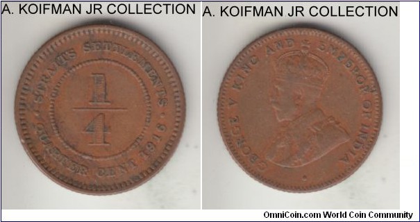 KM-27, 1916 Straits Settlements 1/4 cent, Calcutta mint; bronze, reeded edge; George V, 1-year type, about extra fine.