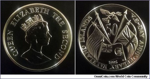 Falkland Islands 50 pence. 1995, 50th Anniversary of V.E. Day.