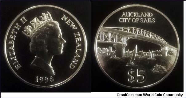 New Zealand 5 dollars. 1996, Auckland City of Sails. Cu-ni. Mintage: 6.000 pcs.