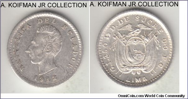 KM-55.1, 1912 Ecuador half decimo, Lima mint (LIMA mintmark); silver, reeded edge; FCUADOR mint error variety, almost uncirculated.