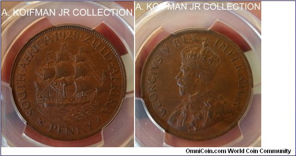 KM-14.2, 1927 South Africa (Dominion) penny; bronze, plain edge; George V second type, brown uncirculated, PCGS graded MS63BN.