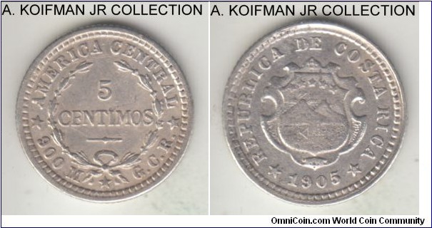 KM-145, 1905 Costa Rica 5 centimos, Philadelphia Mint (US); silver, reeded edge; extra fine or so.