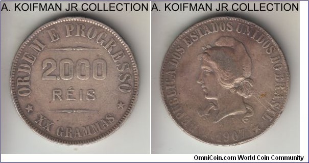 KM-508, 1907 Brazil 2000 reis; silver, reeded edge; Liberty type, closed O variety, about very fine details, cleaned and few obverse scratches.