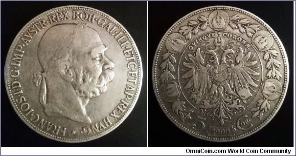 Austro-Hungarian Monarchy 5 corona. 1900, Austria. Ag 900. Weight; 24g. Mintage: 8.525.000 pcs. Second piece in my collection.