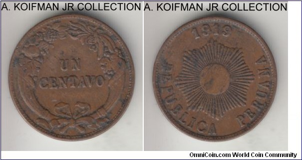 KM-187, 1919 Peru centavo; bronze, plain edge; 1-year type, good fine to about very fine.