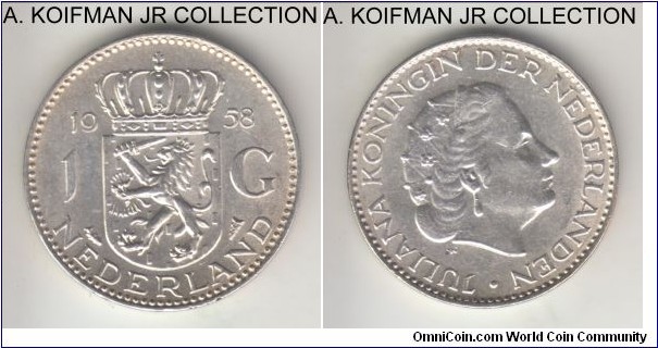 KM-184, 1958 Netherlands gulden; silver, lettered edge; Juliana, uncirculated or so.