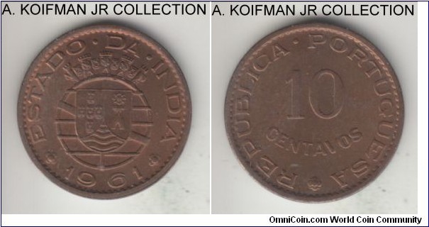 KM-30, 1961 Portuguese India 10 centavos; bronze, plain edge; late colonial issue, 3-year type, dark red to brown uncirculated.