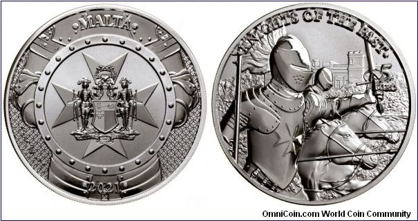 Malta 5 Euro 2021 - Knights of the past. 31,10g Ag 999. Struck at the Germania Mint, Jelenia Góra - Poland.