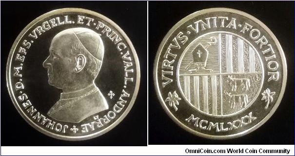 Andorra 1500 diners (1/2 Escut) 1980, Ag 925g. Weight; 12,5g. Diameter; 30mm. Catalan legend on obverse. Proof.  Mintage: 5.000 pcs.