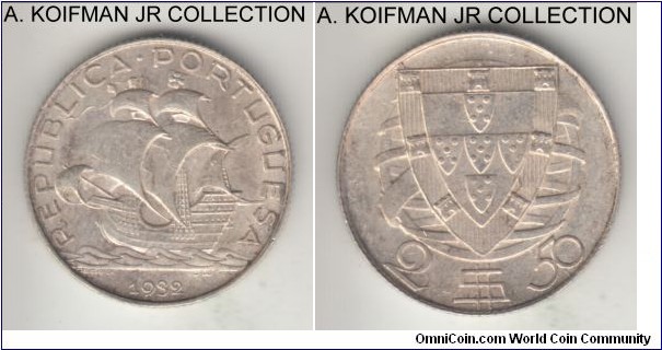 KM-580, 1932 Portugal 2 1/2 escudos; silver, reeded edge; first year of the type, lightly toned uncirculated or almost.