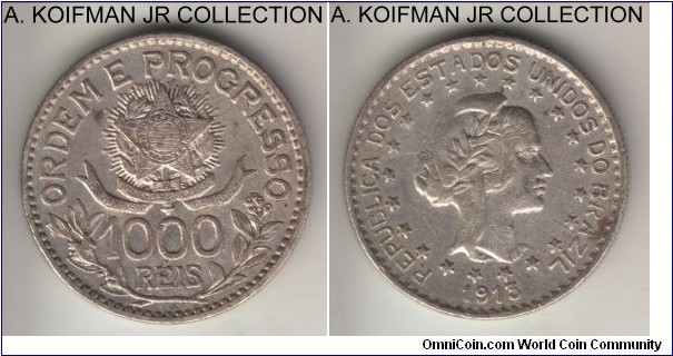 KM-513, 1913 Brazil 1000 reis, Berlin mint (A mint mark); silver, reeded edge; about extra fine details, old cleaning, retoned.